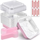 (35 Pack)Pink 8x8 Inch Disposable Aluminum Foil Pans&Square Cake Pans for Parties, Clear Plastic Lids,Eco-Friendly Baking Trays with Stickers&Cake Spoons,Picnics,Casseroles,Takeout,Recyclable Cookware