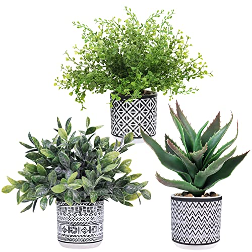 Winlyn Set of 3 Assorted Small Potted Plants Faux Eucalyptus Boxwood Plants Aloe Succulent Plant in Black and White Geometric Pots for Table Centerpiece Windowsill Shelf Indoor Outdoor Greenery Decor