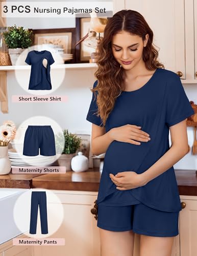 Image of Ekouaer 3 PCS Maternity Nursing Pajamas Set Postpartum Breastfeeding Short Sleeve Shirts, Pregnancy Shorts & Pants Pjs S-XXL