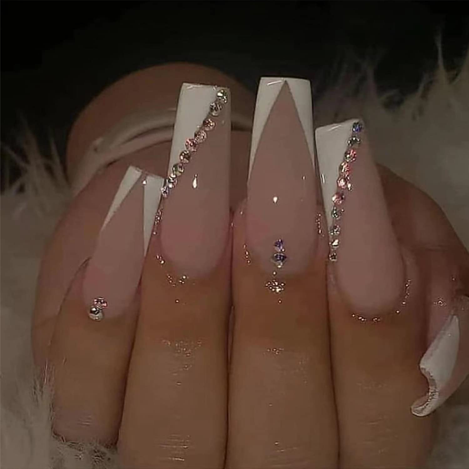 Long Press on Nails French Tip Fake Nails with Pink and White Rhinestones Designs Coffin Acrylic Nails Artificial False Nails Stick on Nails for Women - 24PCS