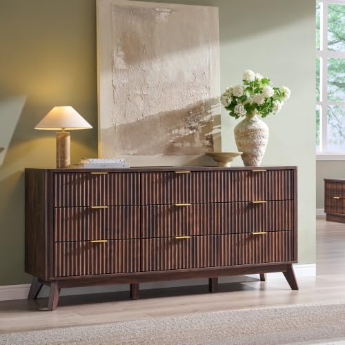 Image of T4TREAM 63 inch Wide Fluted 9 Drawer Dresser for Bedroom, Dark Walnut