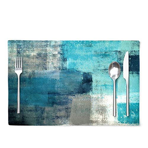 Modern Art Placemats, Cafe Placemats Turquoise and Grey Abstract Art Painting Artwork Dining Placemats Colorful Placemats for Home Kitchen Decorations 18 x 12 Inches, Turquoise Grey