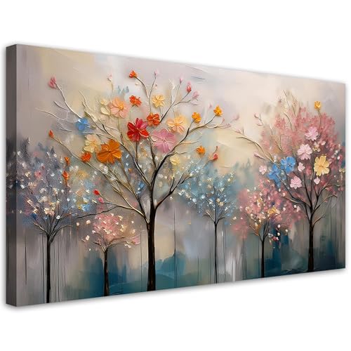 Feeby - Tableaux Decoratifs - Tableau Salon Grand Format - Arbres en fleurs Fleurs peintes - 100x50 1partie - Tableau Decoration Murale - Toile Imprimée -...
