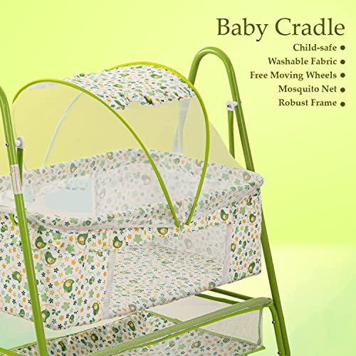 Image of BAYBEE Clora Baby Cradle and Swing with Mosquito Net | Jhula Palna for Newborns | 360 Rotating Lockable Wheels & Storage Basket | Green