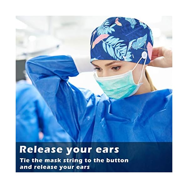6-Pieces-Scrub-Caps-with-Buttons-Ponytail-Holder-and-Sweatband-Adjustable-Ribbon-Tie-Ponytail-Hats-Bouffant-Turban-Hats-Colorful-Printed-Beanie-Long-Hair-Covers-for-Women 6 Pcs Scrub Caps Women Nursing Hats with Buttons Adjustable Bouffant Nurse Ponytail Holder Turban Patterns