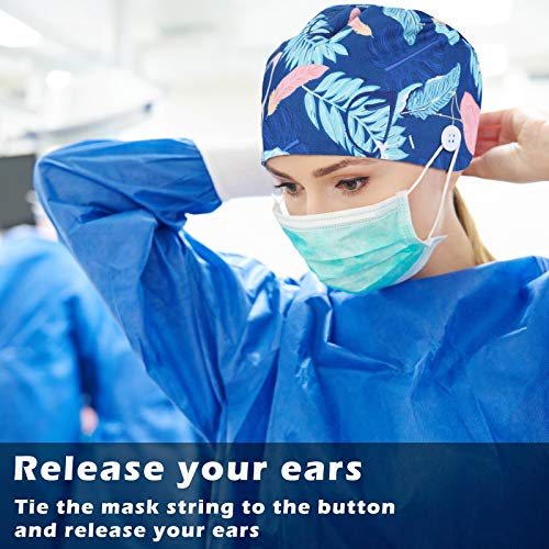 Image of Honoson 6 Pcs Scrub Caps Women with Buttons | Adjustable, Bouffant Surgical Caps, with Ponytail Holder, Cotton Nurse Hats
