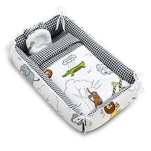 Scrumile Baby Lounger Nest Newborn Lounger Baby Nest Sleeper Portable Baby Bed 100% Breathable Cotton Soft Co-Sleeping Bassinet for Baby Adjustable Travel Crib with Quilt and Pillow (Animal Town)