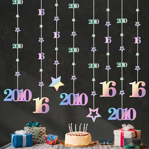 Image of Eucutur Iridescent Sweet 16 Party Decorations for Girls Boys, Pre-Strung Glitter Twinkle Number Vintage 2010 16 Years Old Hanging Streamer Banner Party Supplies, Happy 16th Birthday Gifts Decor