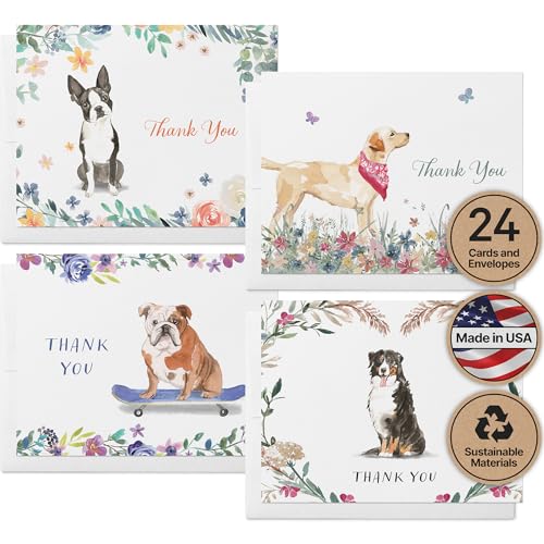 Image of Twigs Paper Assorted Dogs Thank You Cards, 24 Dog Note Cards | Small size, blank inside, envelopes included, a gift for pet lovers & pet parents, bulk value set