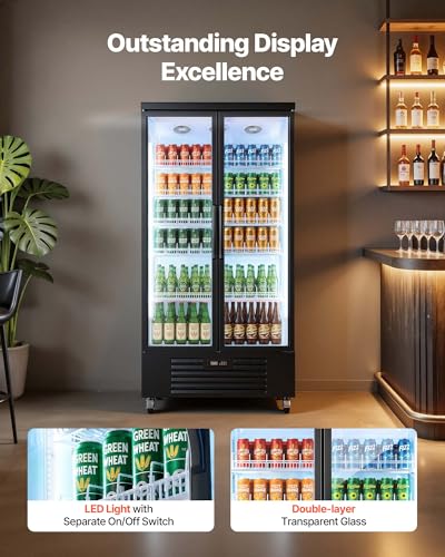 Image of VEVOR Commercial Merchandiser Refrigerator, 24.9 Cu.Ft / 705L Upright Beverage Cooler, 2 Glass Door Display Refrigerator with 5 Adjustable Shelves, Soft LED Light & Casters for Bars Shops Supermarkets