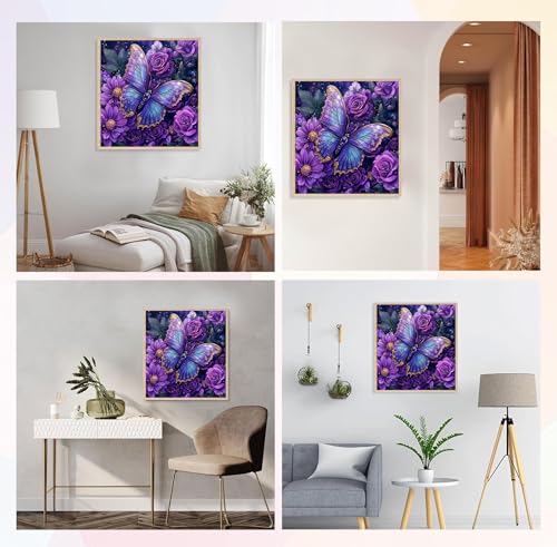 Image of QENSPE Diamond Art Kits for Adults, DIY Purple Butterfly Full Drill Diamond Painting Kits for Beginners, Rose Flower 5D Round Diamond Dots Paintings, Gem Art Crafts Home Wall Decor Gifts 12x12 inch