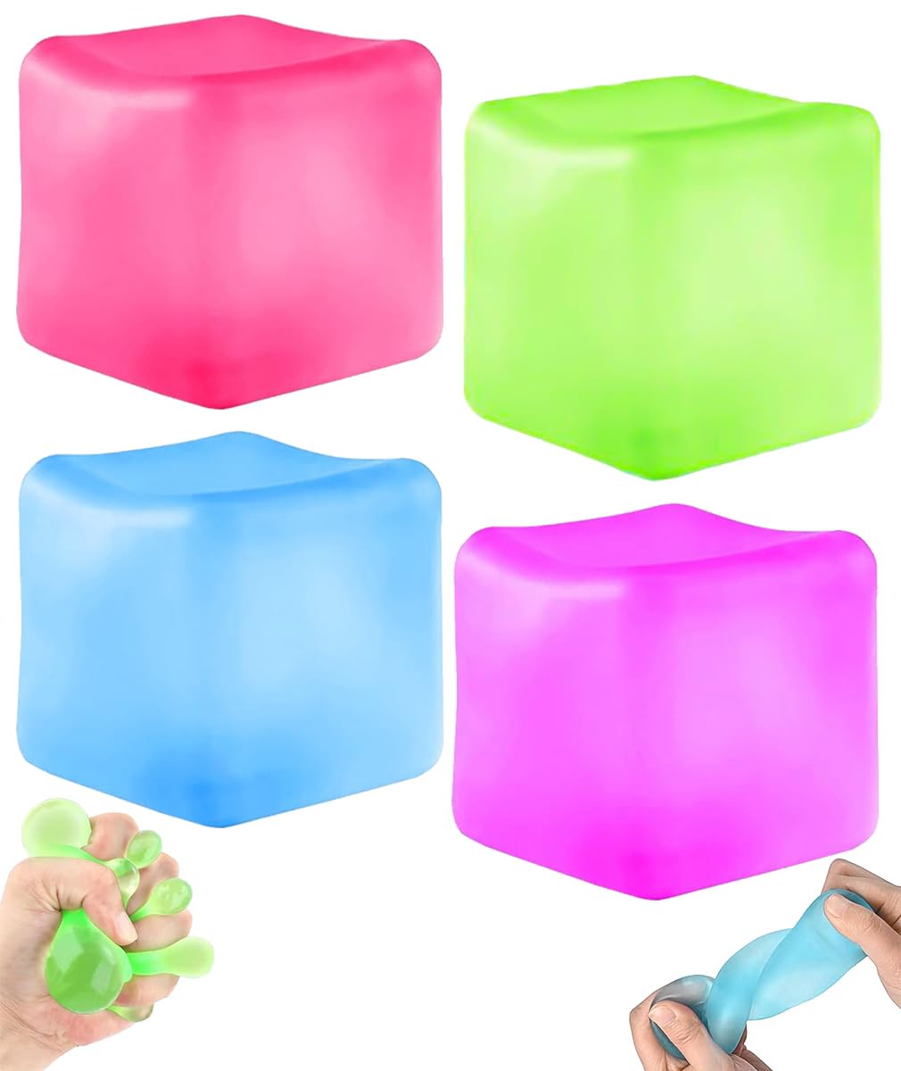 4PCS Large Stress Balls for Kids Adults, Ice Cube Squeeze Fidget Toy Set Colorful Squeeze Cube Sensory Squishy Toys Anxiety Relief for Children Boys Girls Men Women for Home School Office5cm