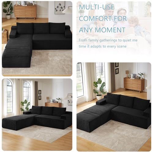 Image of 96 inch Boneless Cloud Couch Sectional Couches Sofa for Living Room | Modular U-Shaped Couch, Comfy Modern Corduroy Memory Foam Sofas with Ottoman, Oversized Chaise (Black, Left-Facing Chaise)