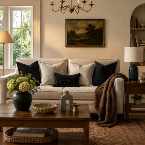 Image of GIGIZAZA Decorative Throw Pillow Covers 16x16,Black Square Couch Pillow Covers,Velvet Sofa Boho Cushion Pillows