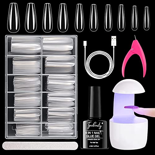 Tpubmity Nail Tips and Glue Gel Kit, 500 pcs Faux Ongles Capsules Transparents avec 6 en 1 Gel de Colle pour Ongles d'Extension et lampe LED pour L'extension D'ongles En Acrylique Nail Art DIY