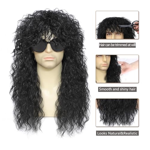 Image of Men's 80s Heavy Metal Rock Wig, Long Curly Punk Wig, Vintage Glam Rocker Mullet Wig for Halloween Party and Cosplay Cap+Sunglasses+Comb (Black)