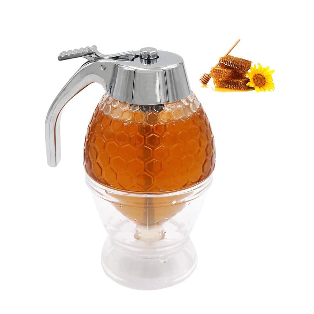 BYWXW 8oz Honey Dispenser,No Drip Glass Maple Syrup Dispenser with Stand,Reusable Honey Jars,Easy Pour Honey Pot & Maple Syrup Container for Coffee,Pancake, Waffle,Tea Time & Gifting(Size:200ml)