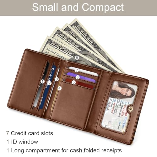 Trifold Womens Wallet Small Slim RFID Blocking Card Wallet Cute Credit Card Holder Leather Mini Purse with Cash Pocket 7 Card Slots ID Window, Leopard2