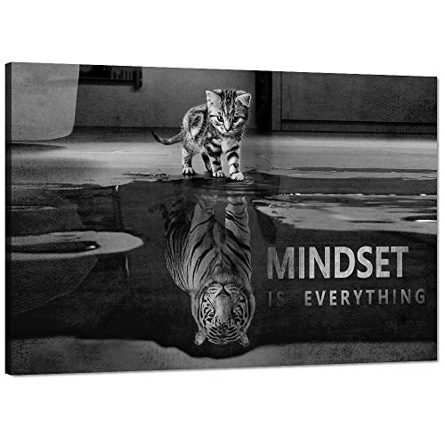 Black and White Small Cat Big Tiger Posters Inspirational Wall Art Motivational Posters Inspiring Entrepreneur Quotes Mindset is everything Pictures Home Decor for Office Classroom Gym (24”Hx36”W)