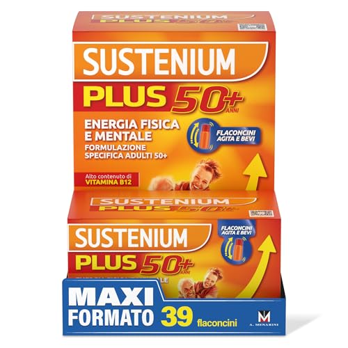 Sustenium Plus 50+ Integratore Alimentare Energizzante con Vitamina B12 ad Alto Contenuto, Formula per Adulti 50+ in Pratici Flaconcini. Energia in un Sorso confezione da 39 Flaconcini da 20 ml