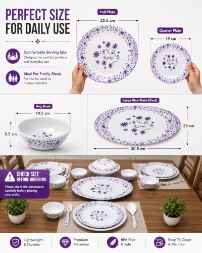 Image of 32 Pcs Premium Melamine Dinner Set with Purple Floral Print | Lightweight & Durable Dinnerware Set for Family Dining (Floral Bloom)
