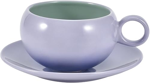 Koythin Taza de café de cerámica con platillo, lindo plato creativo con mango circular degradado para oficina y hogar, apto para lavavajillas y