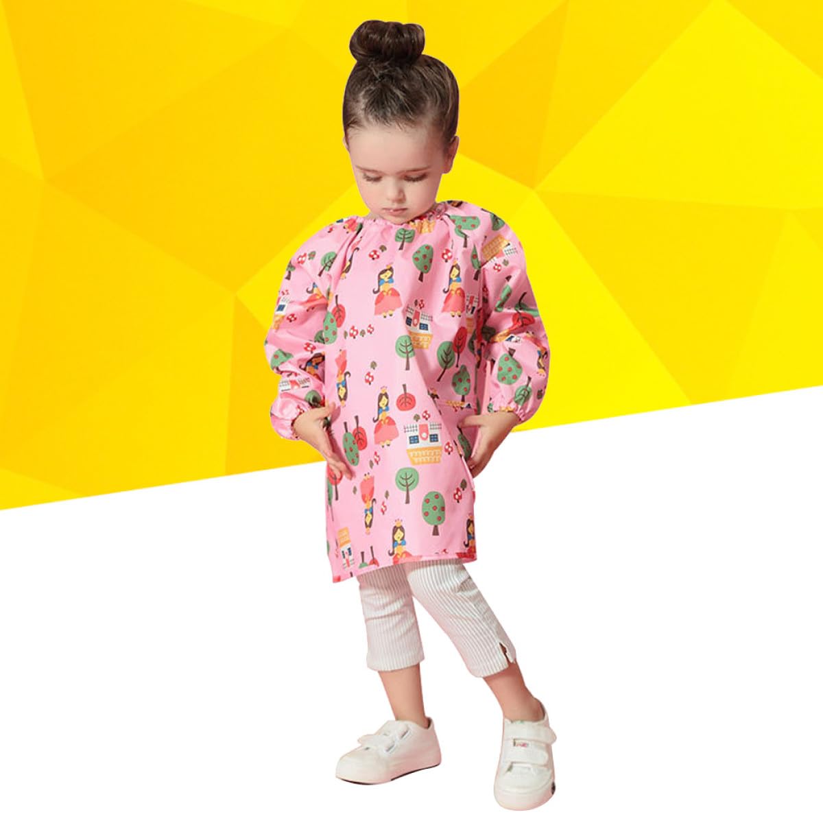 Tablier de Peinture Imperméable pour Garçon et Filles Manches Longues Motif Cartoon Rose Taille S Polyester Antitache et Respirant Vêtement de Protection pour Activités
