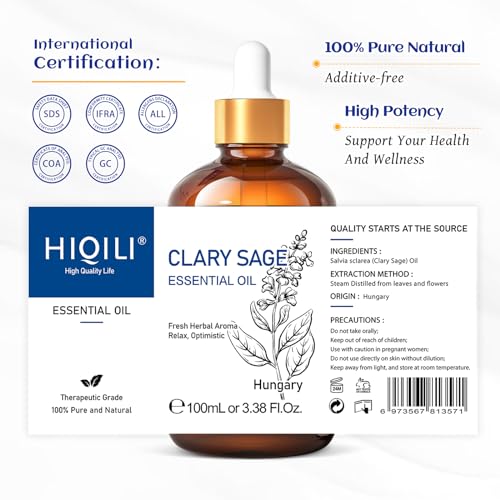 Image of HIQILI Clary Sage Oil Essential, Herbal Sooth Aroma in Diffuse, Meditation, Calming Sleep at Bedtime, Body Massage, Moisturize Skin, DIY Deodorant Spray - 100ML