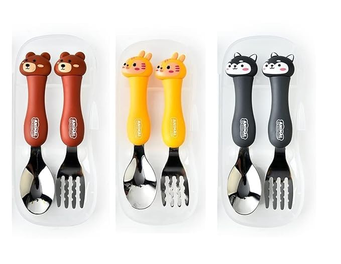 Image of Bekner Kids Cutlery Set, Stainless Steel Spoon and Fork with Animal Design Handles, 14.7 cm, Multicolor, Pack of 2 (Yellow)