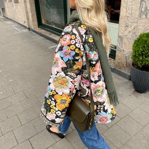 Covvoliy Women's Oversized Black Quilted Jacket with Floral Print – Your Go-To for Cozy Style! - Image 4