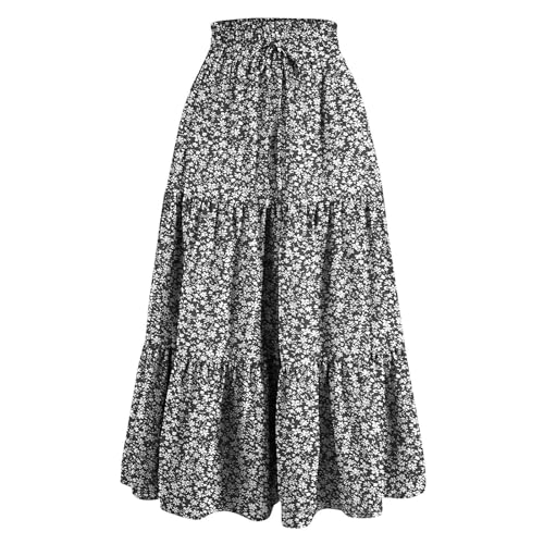 Womens Summer Casual A-Line Long Skirt Tiered High Waist Beach Outfits Elastic Waist Bohemian Print Maxi Skirt