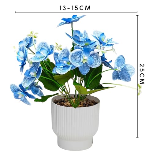 Image of CURATED CART Flower Pot with Artificial Flowers - Orchid Blue Flower with White Vase | Ideal for Home Decor | Office Decor | Gifting | Size 25 x 15cm