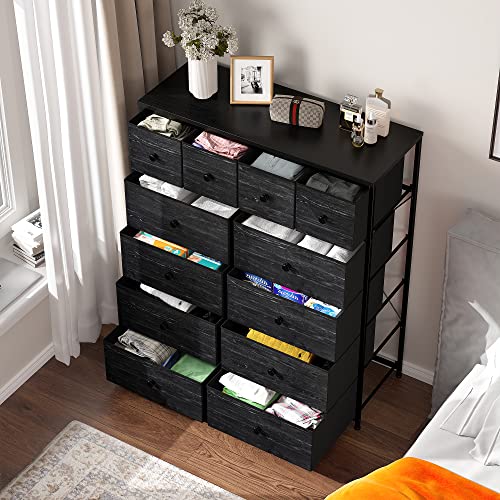 Enhomee Black Dresser For Bedroom With 12 Drawers, Bedroom Dresser With Wooden Top And Metal Frame, Tall Dressers & Chests Of Drawers For Bedroom, Closet, 40.6" W X 11.8" D X 43.7" H, Black Wood Grain #TOP1