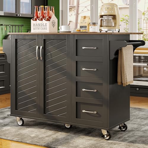 Becag Carrito de Cocina con Ruedas, Carrito de Cocina de Isla con cajones y 2 Puertas de Armario, Carrito de Servicio con toallero y especiero, 128x40x93 cm, Negro