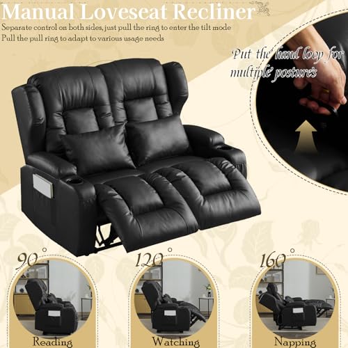 Image of SAMERY 54.3 inch Loveseat Recliner Sofa | Double Recliner Sofa | Wall Hugger Loveseat Reclining RV Theater Seats | RV Couch Home Theater Seating Furniture with Cup Holders, Pockets (Faux Leather Black)