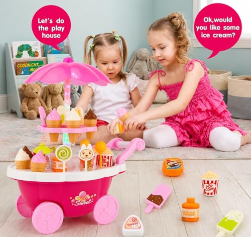 Image of DIY Miniature Home Kitchen Set with LED Light, Openable Dust Cover & Movable Accessories - 102 PCS Creative Dollhouse Kit for Kids & Collectors (8+) (Ice Cream Cart)