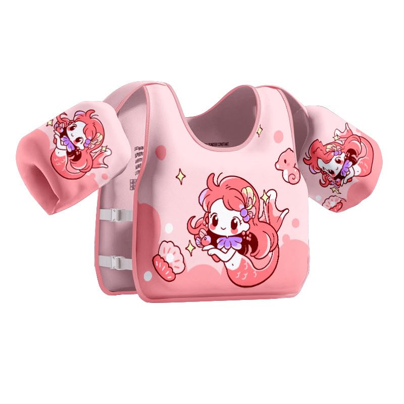 Image of Proberos Kids Swim Float Vest Non-Inflatable Swim Buoyancy with Arm Floats Adjustable Toddler Swim Aid Foam Inserts Buoyancy, Cartoon Swimming Training Polyester Jacket for Pool Water Learning