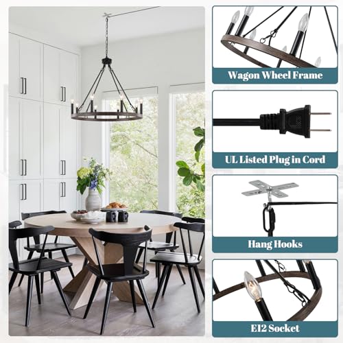 Image of Plug In Chandelier Wagon Wheel 8 Light 24'' Hanging Light with Plug in Cord