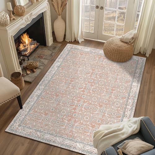 jinchan Area Rug 5x7 Washable Pink Vintage Rug Indoor Mat Traditional Foldable Distressed Thin Retro Floral Print Rug Floor Non Slip Carpet Kitchen Be