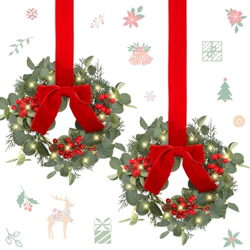 Syhood 2 Pieces 9' Mini Christmas Wreath with Light Red Berry Kitchen Cabinet Wreaths Mini Farmhouse...