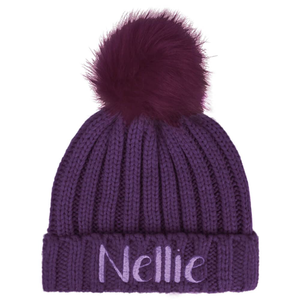Teddyt's Girls Purple Personalised Soft Bobble Hat With Pom Pom (2-4 Years) (Purple)