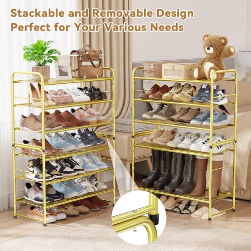 Image of Modern Shoe Rack, 3 Tier Heavy Duty Metal Mesh Shoe Shelf 27 Inch Wide, Gold
