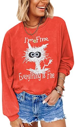 JoyJoy It's Fine I’m Fine Everything is Fine Sweatshirts, Long Sleeve Crewneck Red Funny Cat Pullover Blouse and Tops for Women