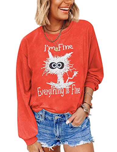 Joyjoy It's Fine I’m Fine Everything Is Fine Sweatshirts, Long Sleeve Crewneck Red Funny Cat Pullover Blouse And Tops For Women #TOP3