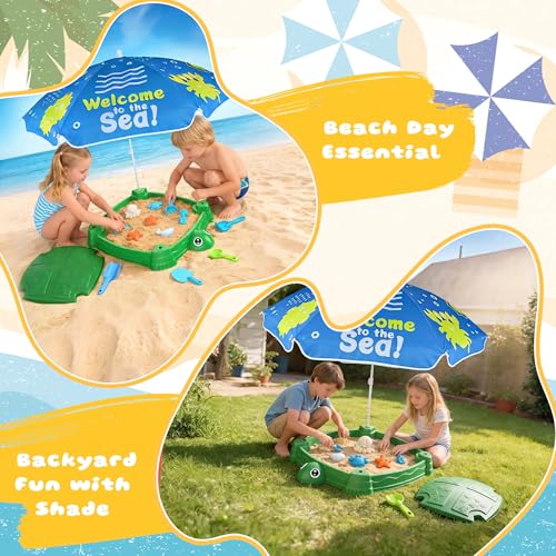 Image of Turtle Sandbox with Lid and Umbrella, Large Square Sand Box for Kids | square shape saves space, adjustable umbrella, 6 sea molds & 4 shovels, rounded safe edges, PP material, washable, ages 3+