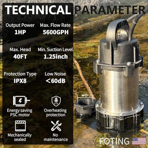 Image of FOTING 1HP 5600 GPH 40FT Sump Pump Submersible Sewage /Effluent Pump - Heavy Duty Cast Iron Automatic /Manual - 115V Septic Pump for Sump Basin /Sewage /Basement, 2'' NPT
