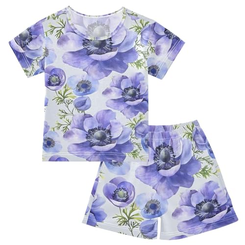 ALAZA Anemone Flower Pajamas Set Short Sleeve Cotton Sleepwear Summer Pjs 2 Piece 5-14Y