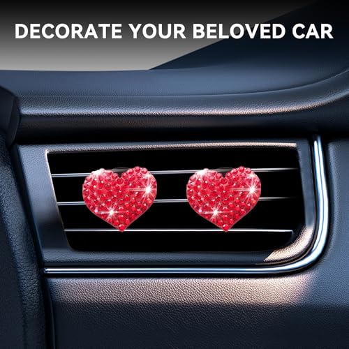 Image of Car Bling Air Vent Clips, 2 Pcs Bling Heart Charm Air Conditioning Outlet Clip, Crystal Rhinestone Accessories, Car Interior Decoration Cute Accessories for Women Girls (Red, Vanilla)