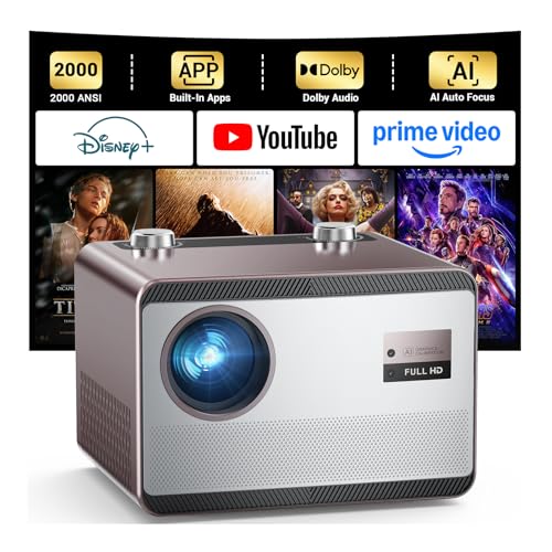 Projector 4K with WiFi and Bluetooth [2000 ANSI/AI Auto Focus/Built in Apps], Outdoor Movie Projector with Smart TV OS 2.0 & Dolby, HAPPRUN Home Theater Projector for Indoor/Outdoor Use