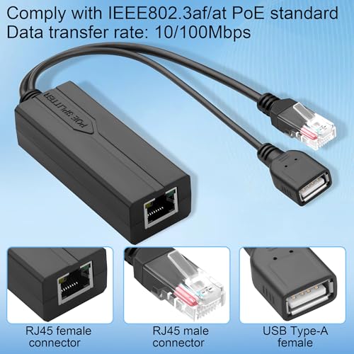 PoE Splitter 5V 2.4A USB Tipo-A Hembra IEEE 802.3af/at Activo Compatible con Cámaras de Seguridad/ Teléfonos VoIP, 10/100Mbps miniatura 3